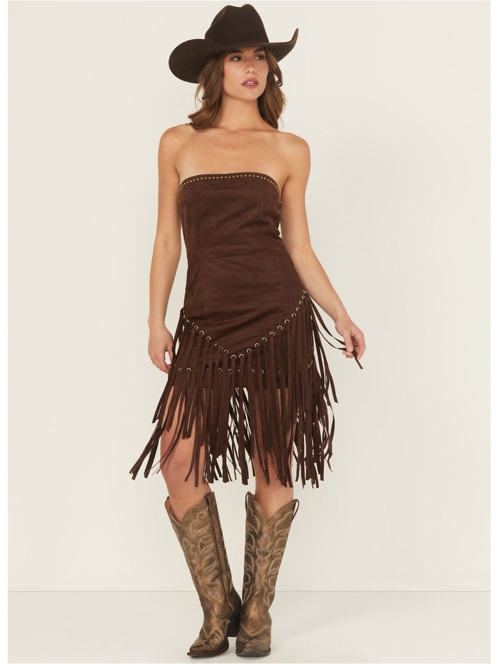 NWT Western Fringe Faux Suede Strapless Mini Dress Sz S